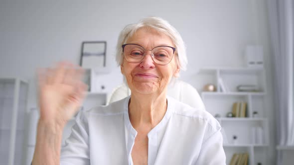 Smiling grey haired aged mother in glasses waves hand greeting adult children alt