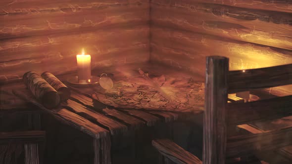 Cartoon treasure map on a tavern table warmly lit by a warm candle. 4KHD alt