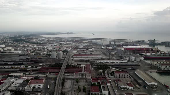 drone shot of the port infrastructure of veracruz at sunrise alt