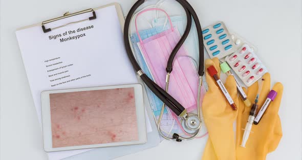 Medical Equipment Blood Test Doctor Examination Patient in Skin Rashes Looking on Digital Tablet for alt
