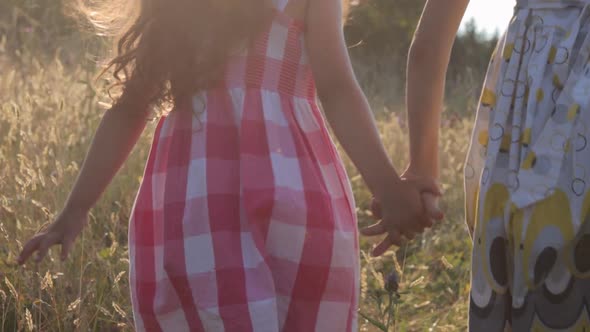 Two little girls walking through summer field