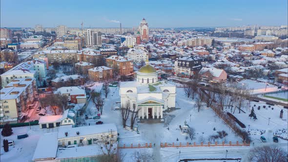 Beautiful winter view from above on the temple, church. Urban winter landscape. Timelapse.