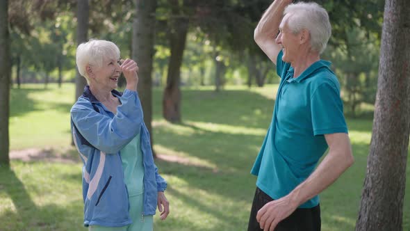 Positive Senior Couple Gesturing Highfive Dancing Hugging in Slow Motion in Spring Summer Park alt