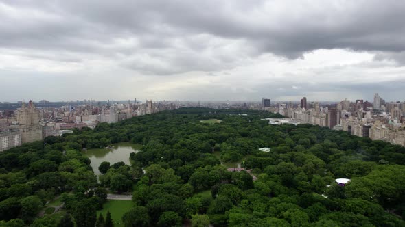 Aerial view over the Central Park, dark, overcast, summer day in New York, USA alt