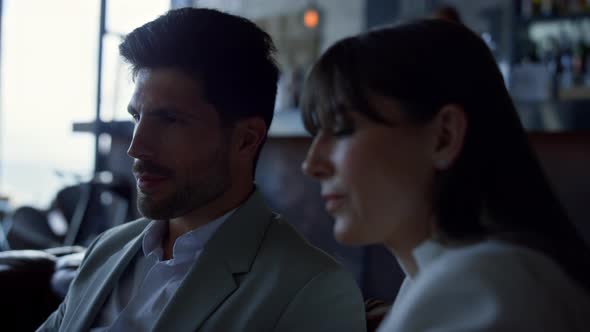 Closeup Colleagues Discussing Project at Panorama Window Place alt