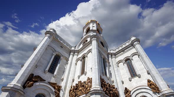 Christ the Savior Cathedral (day) against the moving clouds, Moscow, Russia