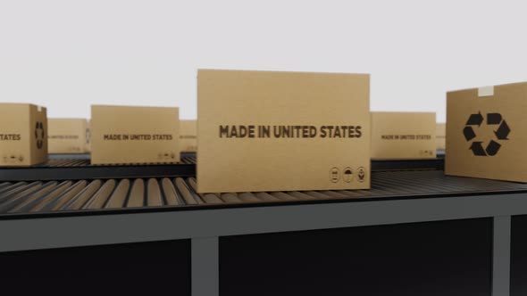 Boxes with MADE IN United States Text on Conveyor alt
