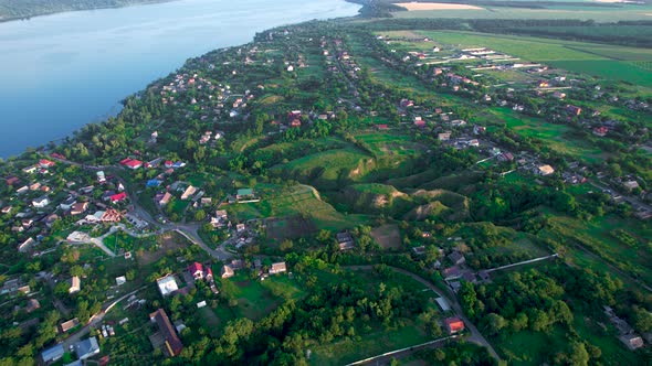 Beautiful village near river Dnieper from the top view, Stari Kodaky, Dnipro, Ukraine, Europe.