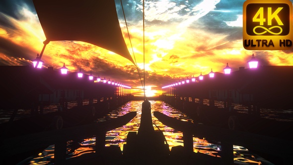 4 K Ship Sailing Through A Trippy Harbour Sunset View Trippy Psychedelic 3 D Animation Golden Hour alt