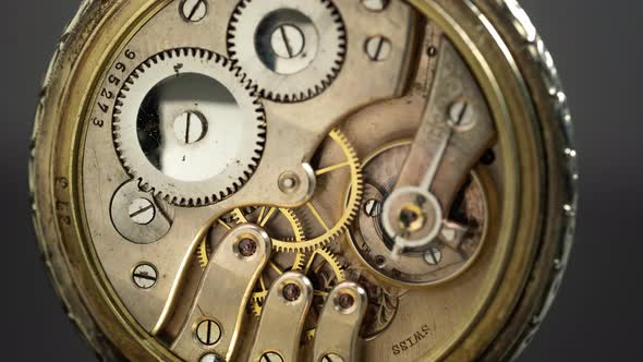 Mechanism Vintique Pocket Watch Against Rotate the Black Background. Time Lapse alt
