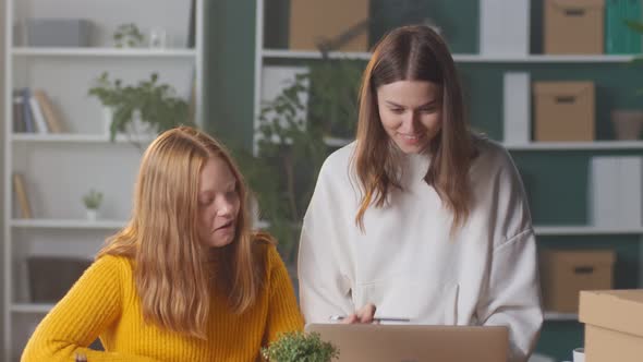 Positive Girls Students Study Together at Home Online Communicate Mental Health alt