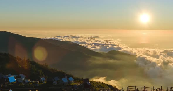 Beautiful slider moving shot above the clouds on sunset at Gomismta, Georgia alt