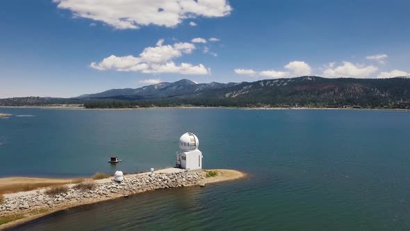 Panoramic drone view of Big Bear Solar observatory, Big Bear Lake, California alt