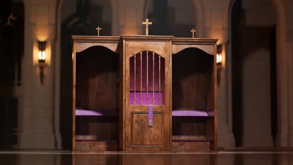 Christian chapel with confessional. Place in the church to confess sins. Mercy. alt