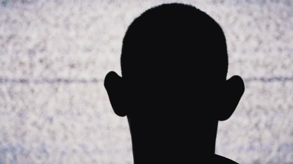 Silhouette of an Anonymous Man's Head Is Watching White Static Noise and TV Interference alt