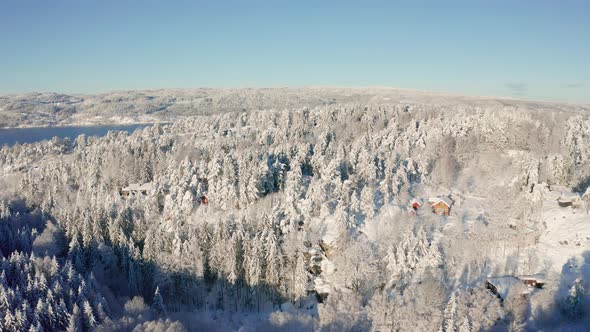Flying Towards a Fjord Above Epic Snowy Cold Winter Forest
