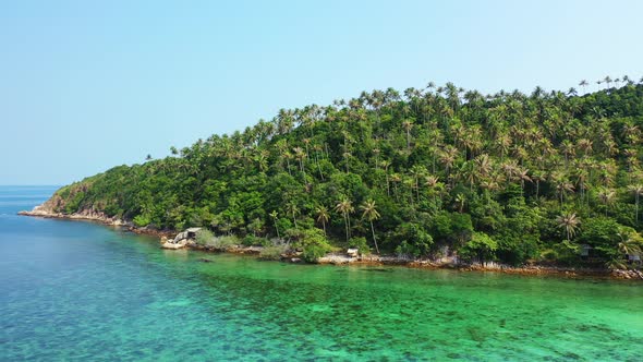 Palm trees forest on tropical island's hill with rocky shoreline surrounded by green turquoise sea w alt