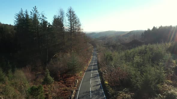 Aerial view of a countryside road through the wood in Wales