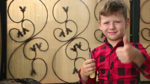 Little Boy Holds a Screwdriver in His Hand Looks at the Camera and Turns It alt