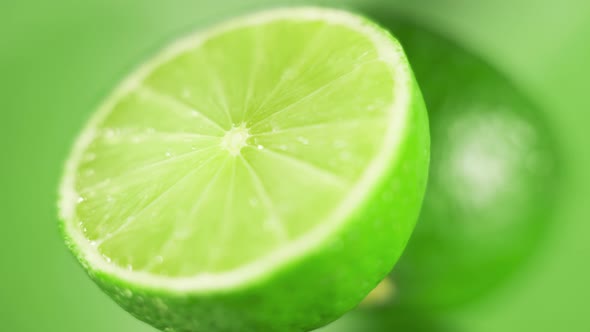 The Fresh Limes are Rotating Slowly on Bright Green Background alt
