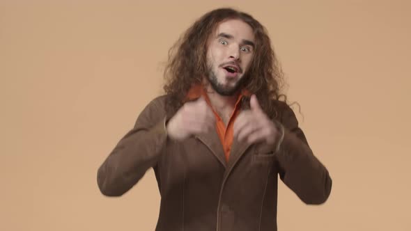 Enthusiastic Funny Bearded Man with Curly Long Hair Popup From Bottom Jumping with Thumbsup and alt