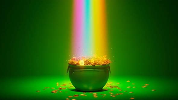 The magical rainbow that leads to the pot of gold.  A cauldron is full of coins. alt