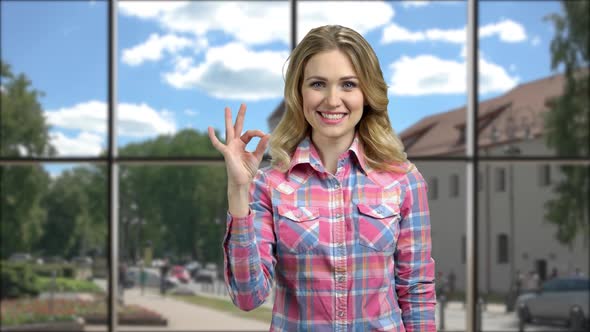Portrait of Beautiful Girl Showing Ok Gesture alt