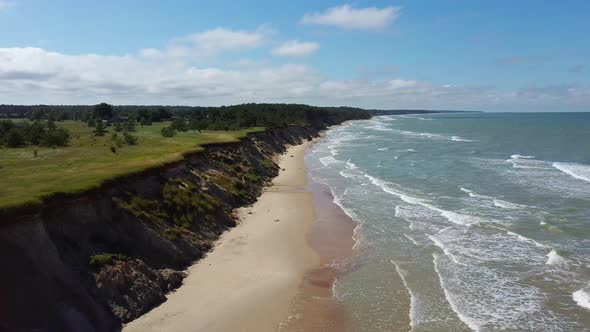 Coastline Baltic Sea Ulmale Seashore Bluffs Near Pavilosta Latvia. Aerial Dron 4K Shot alt