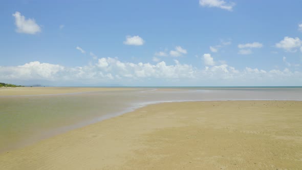 Aerial, Low Tide And Huge Sand And Empty Ocean Bed In Queensland Australia