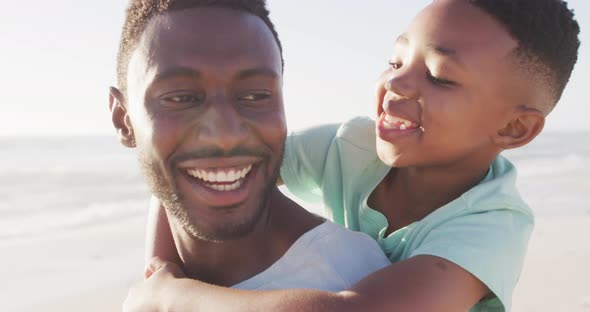 Smiling african american father carrying his son on sunny beach alt