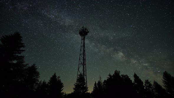 Night Sky with the Milky Way the Silhouette of Trees and Transmitters in the Forest