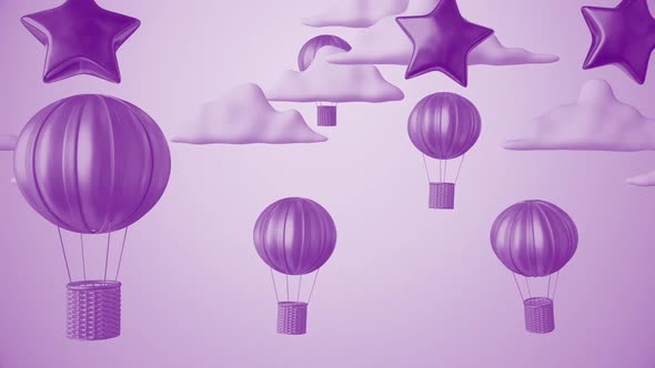 Air Balloons Between Clouds 3d Cartoon Kids Purple Background