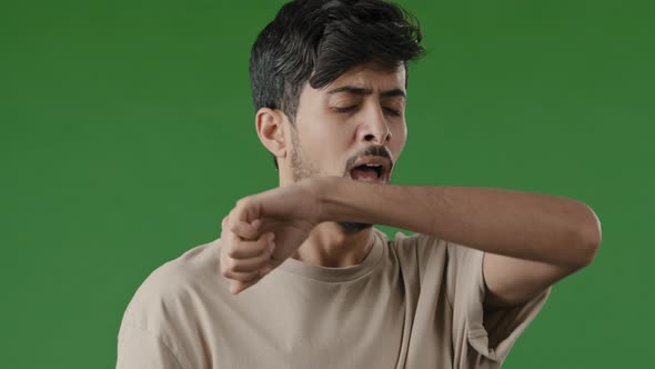 Sick Allergic Arab Man Indian Male Unwell Guy Sneeze Cover Face By Hand Prevent Spread Viral alt