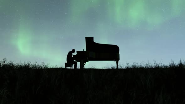 Silhouette Of A Man Playing Piano With Aurora In Background alt