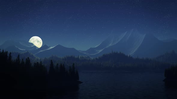 Full moon over a lake surrounded by dense coniferous forest and mountains. alt