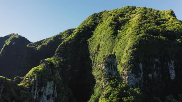 Haena. Hawaii. Green, Overgrown with Tropical Vegetation, Mountain Peaks, Aerial Footage alt