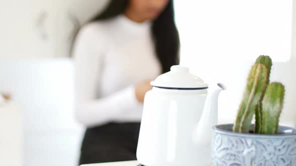 Woman using mobile phone in living room alt