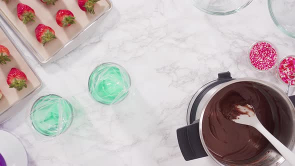 Flat lay. Step by step. Melting chocolate chips in chocolate melting pots.