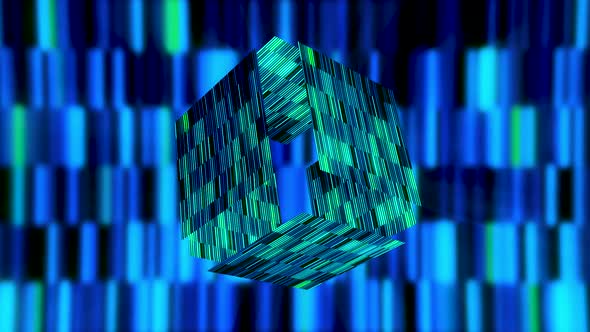 Striped neon cubic shapes falling apart on shimmering background alt