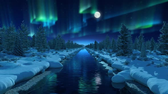 Northern Lights above Winter Forest River