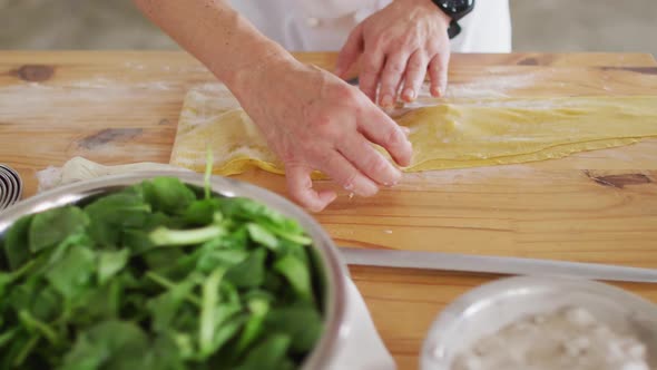 Caucasian female chef teaching diverse group preparing dishes and smiling alt