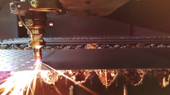 Process of Sheet Metal Laser Cutting Closeup with Selective Focus