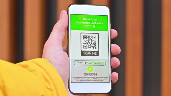 Male hand holding a smartphone with International Vaccination Certificate COVID-19 QR code alt