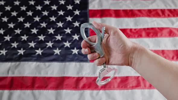 Caucasian Hand Holding Silver Metal Handcuffs Over Blurry US Flag
