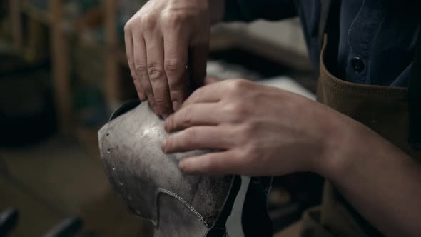 Shoemaker Makes Leather Shoes for Men Sole of Shoe Handmade Craft DIY Process Craftsman Making Boots alt