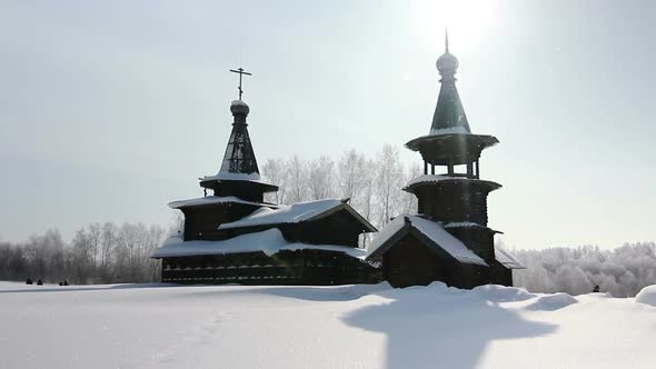 Panorama (Top-Down) An Old Wooden Church On A Sunny Winter Day, Russia, Novosibirsk