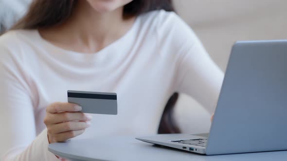 Closeup Female Hands Unknown Woman Consumer Freelancer Holds Plastic Credit Card Paying Order in Web alt