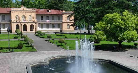 Zugdidi, Georgia - May 30 2022: Aerial view of Dadiani Palace in the center of Zugdidi city alt