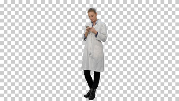 Female doctor text a message using modern smartphone, Alpha Channel