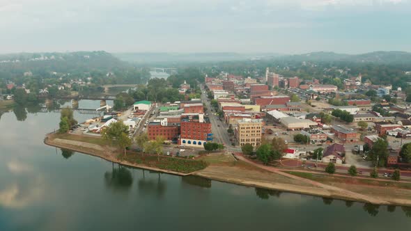 Aerial View of Marietta and it's Waterfront along the Ohio River 4K UHD